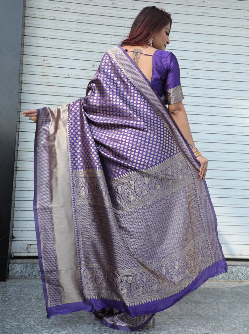 Purple banarasi lichi silk jacquard weaving work wedding saree