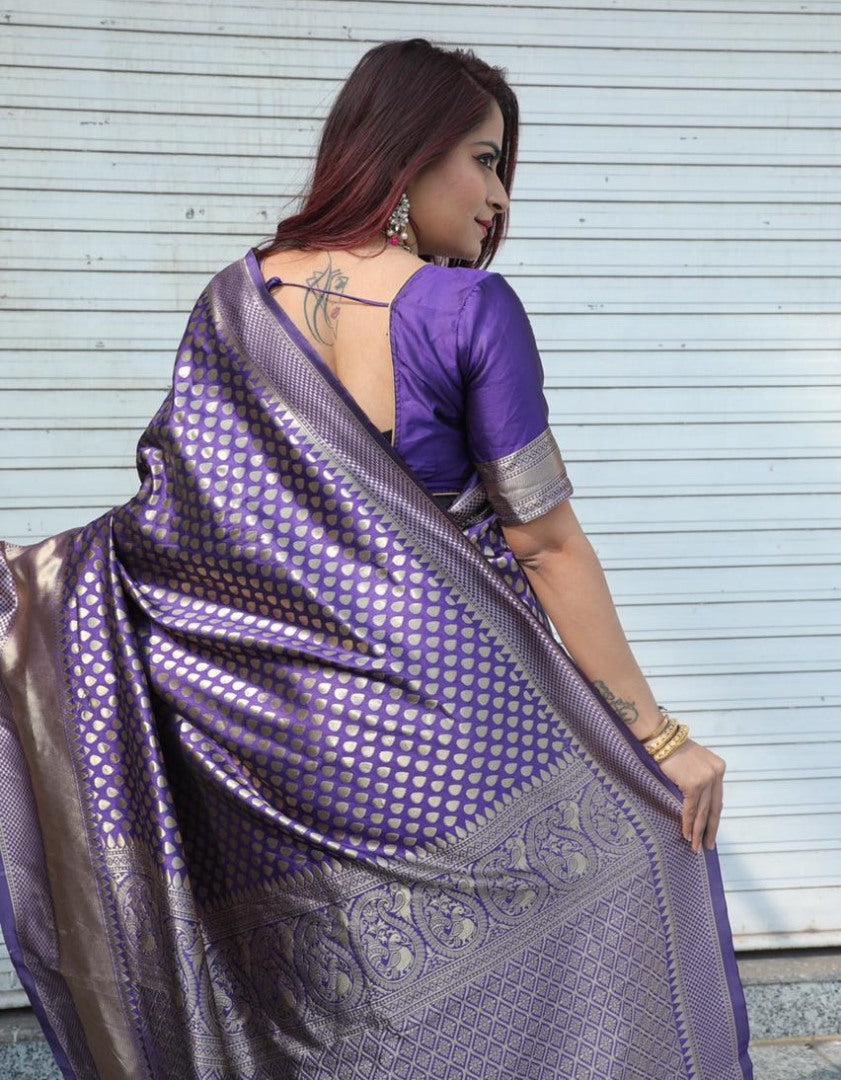 Purple banarasi lichi silk jacquard weaving work wedding saree