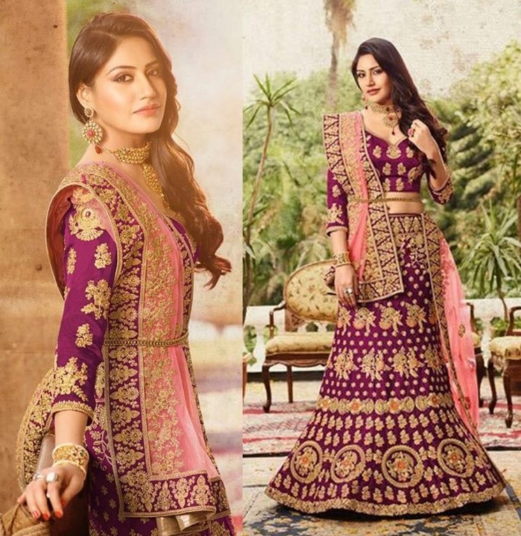 Purple banglori silk heavy embroidered bridal lehenga