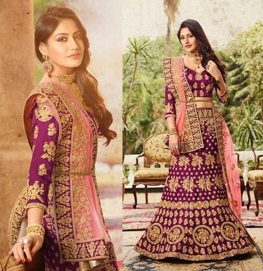 Purple banglori silk heavy embroidered bridal lehenga