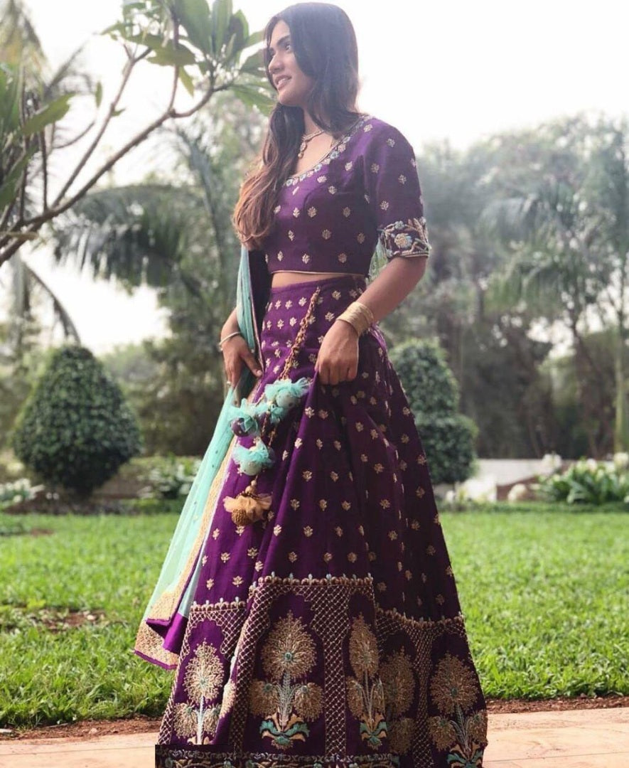 Purple banglory satin embroidered lehenga choli