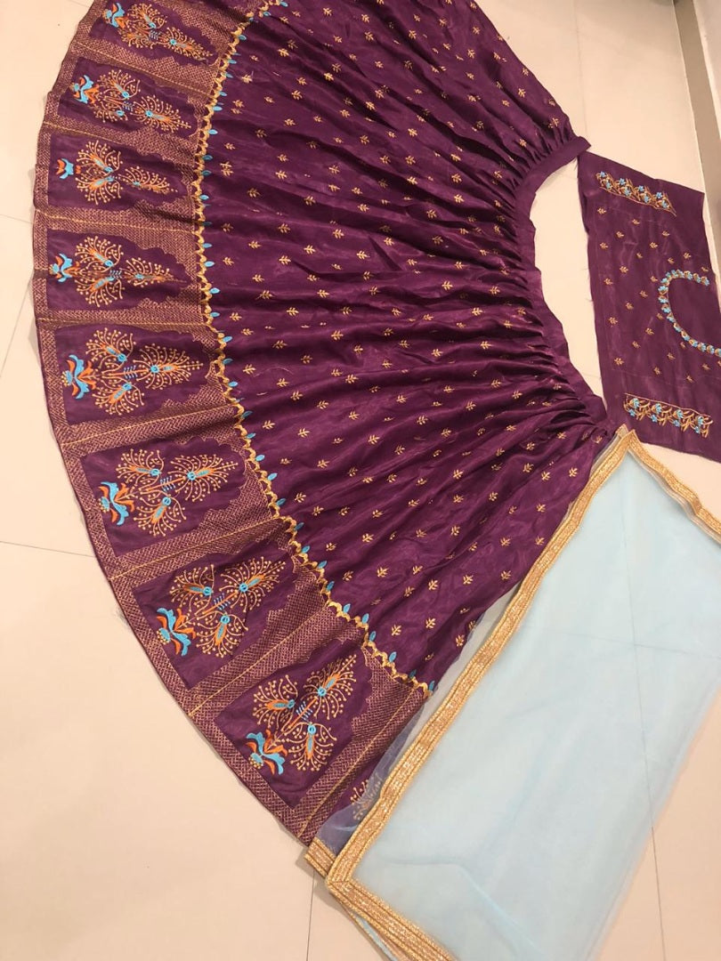 Purple banglory satin embroidered lehenga choli