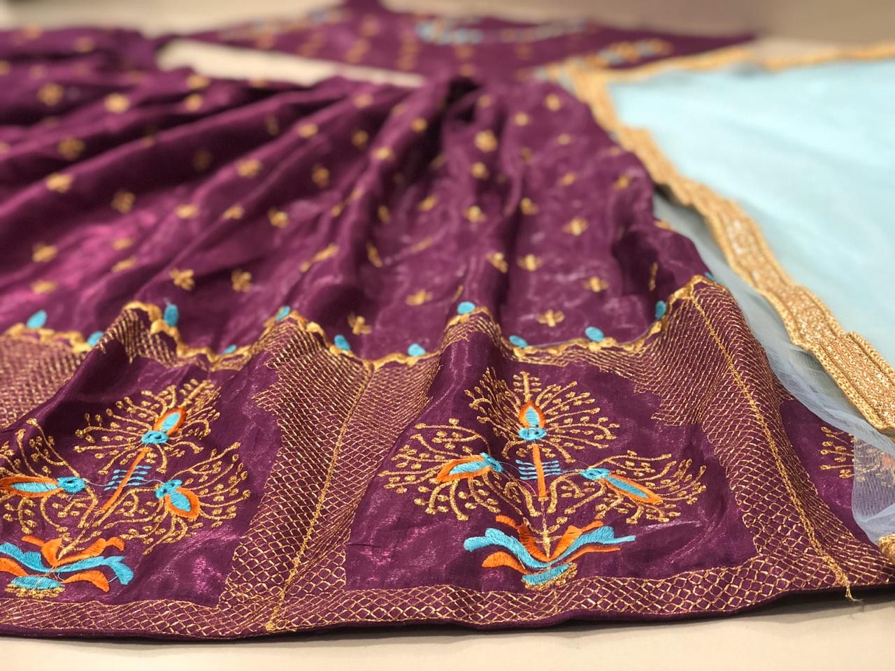 Purple banglory satin embroidered lehenga choli