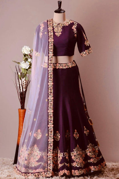 Purple banglory silk embroidered wedding lehenga choli