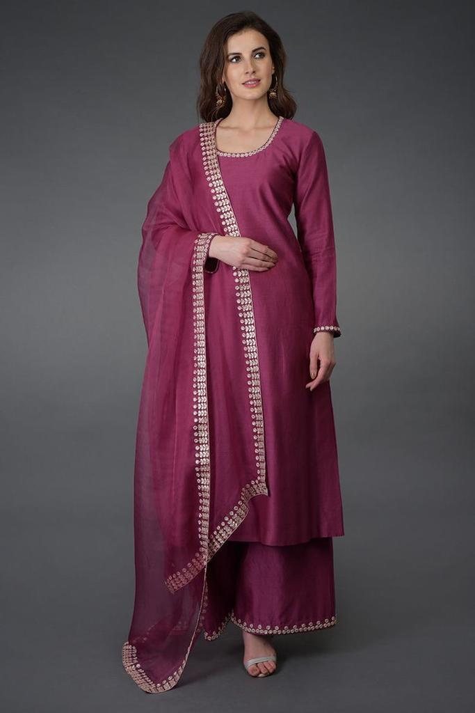 Purple border worked cotton plazzo suit