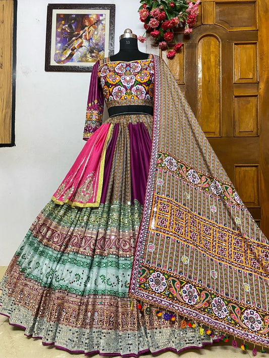Purple butter silk digital print and mirror work navratri festival lehenga choli