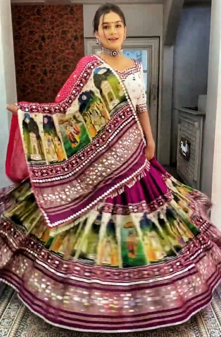 Purple butter silk digital printed real mirror work festival lehenga choli