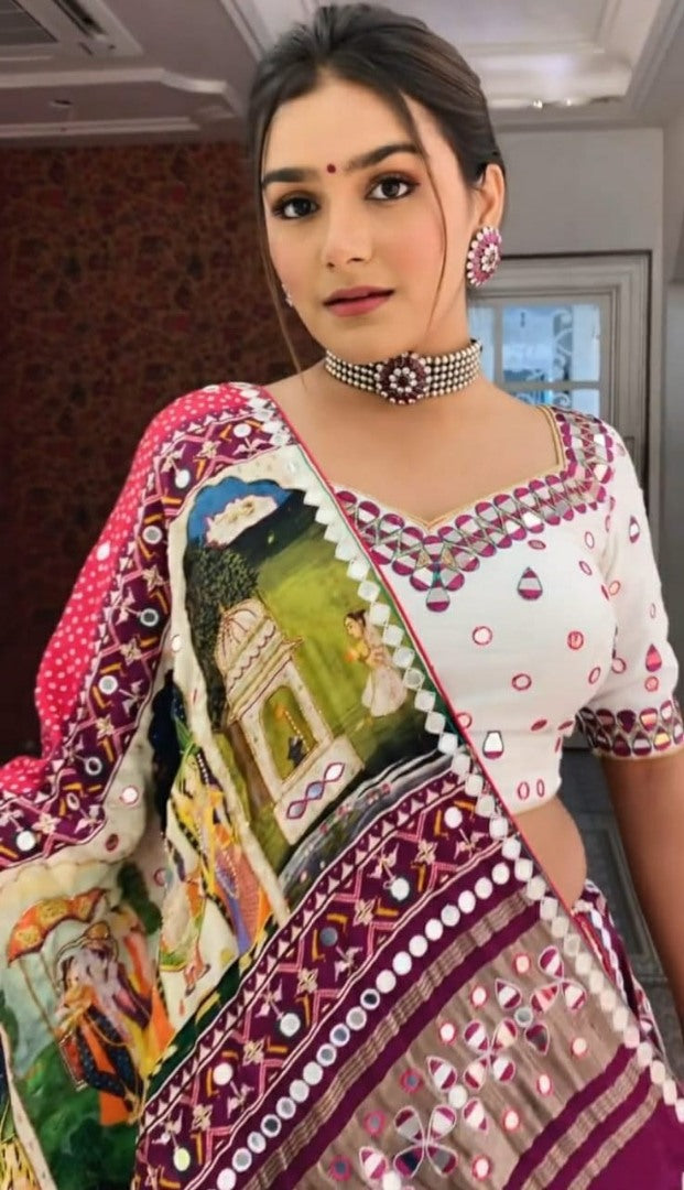 Purple butter silk digital printed real mirror work festival lehenga choli