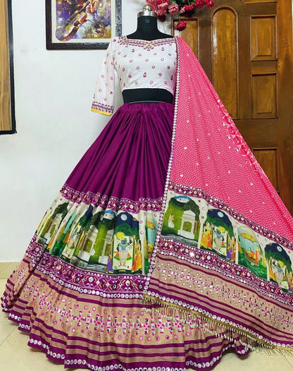 Purple butter silk digital printed real mirror work festival lehenga choli