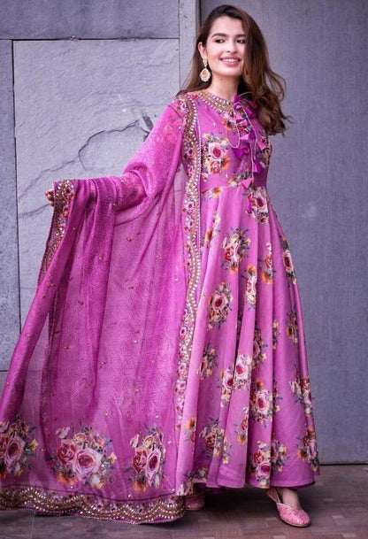 Purple butter silk flower printed long anarkali gown