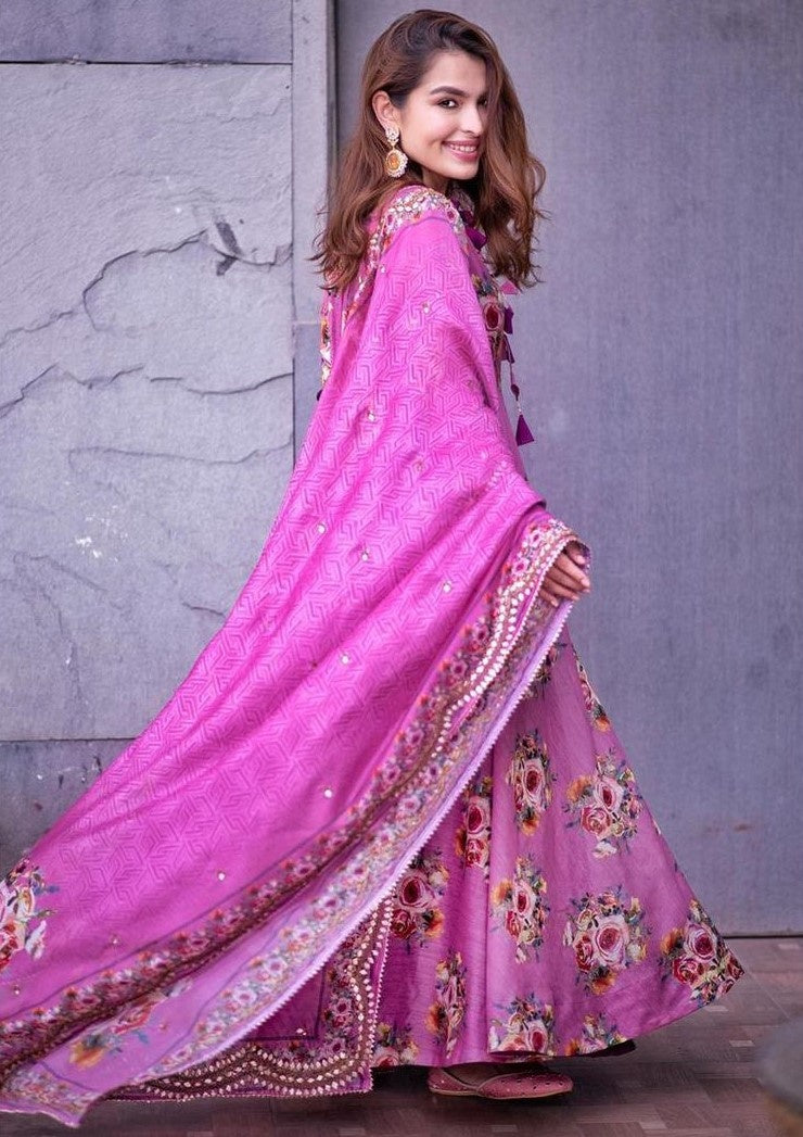 Purple butter silk flower printed long anarkali gown