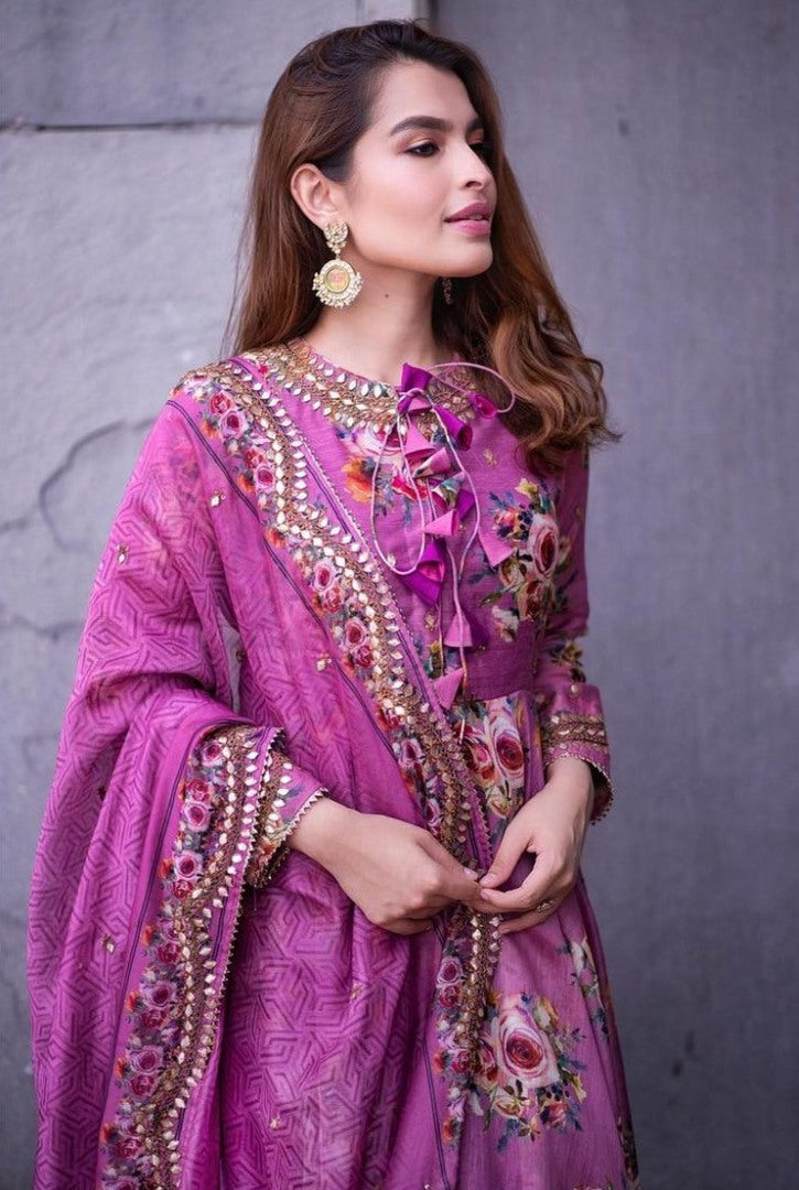 Purple butter silk flower printed long anarkali gown