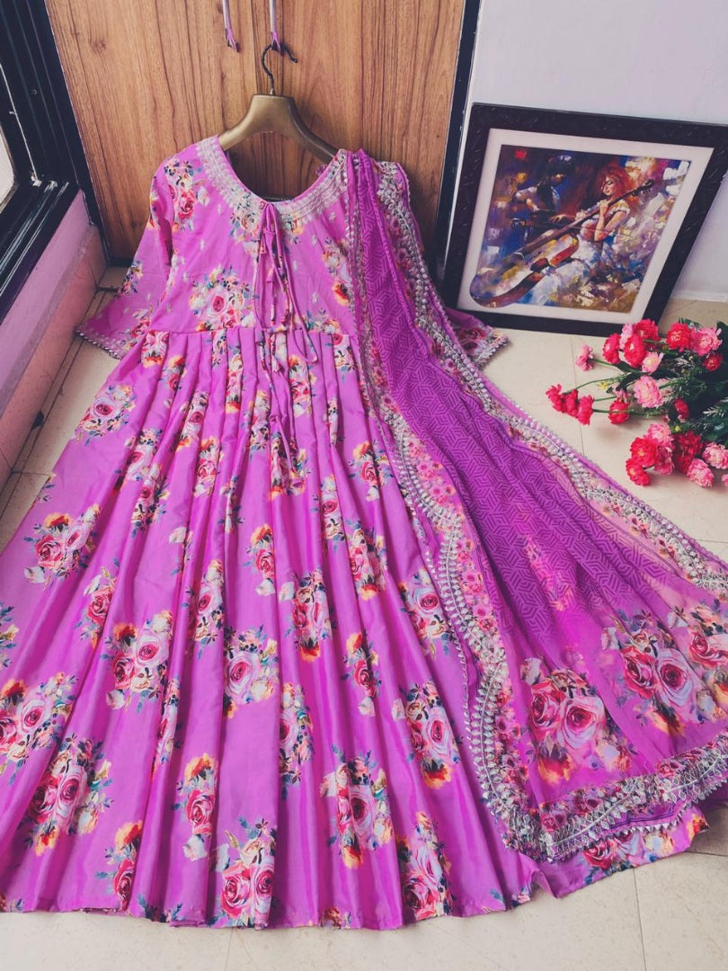 Purple butter silk flower printed long anarkali gown