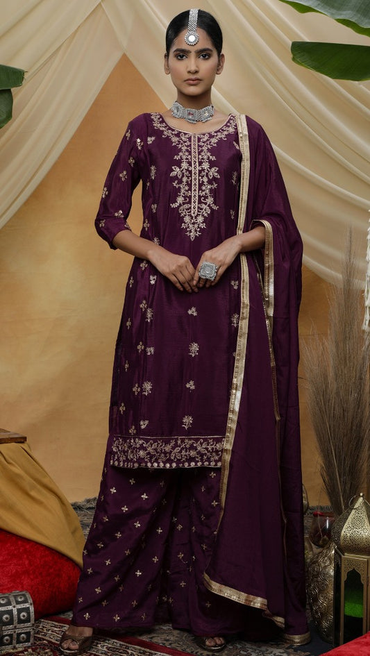 Purple chinon sequence embroidered plazzo suit