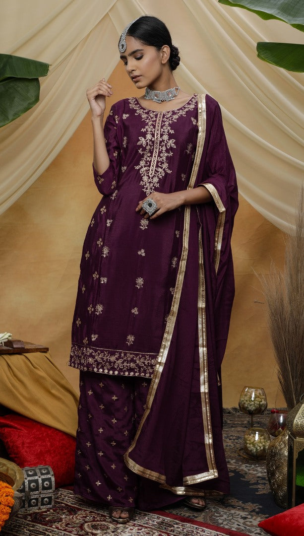 Purple chinon sequence embroidered plazzo suit