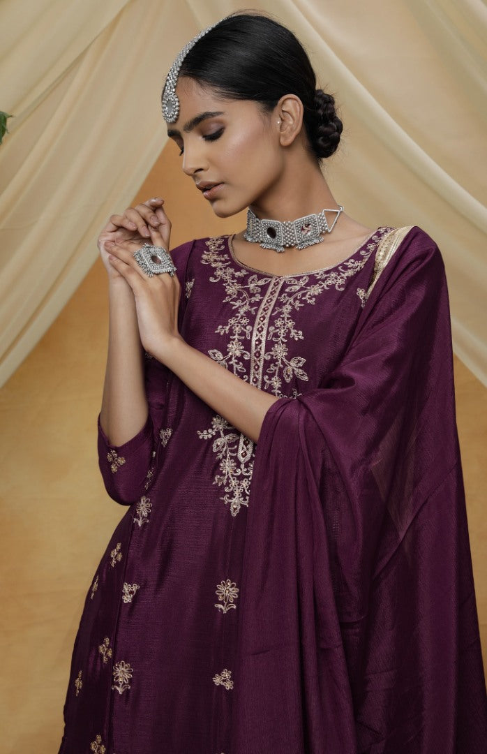 Purple chinon sequence embroidered plazzo suit