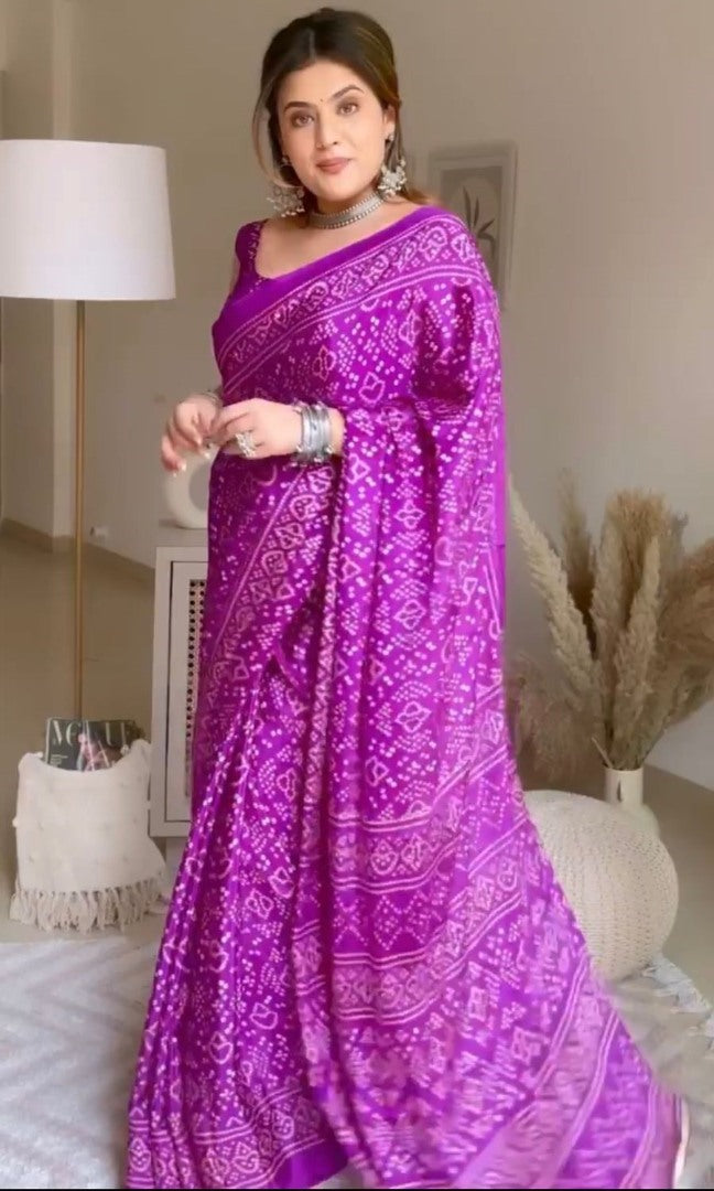 Purple chinon silk bandhani print saree