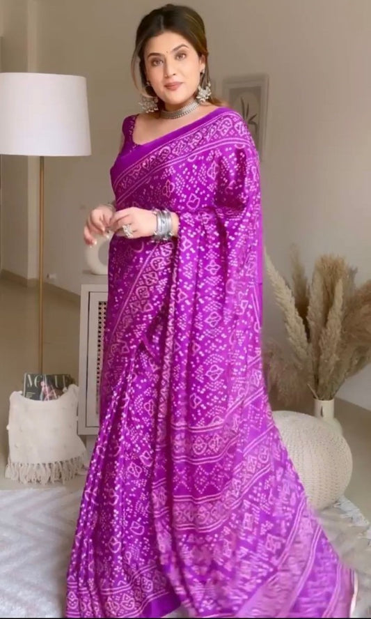 Purple chinon silk bandhani print saree