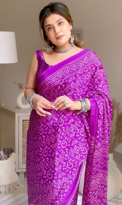 Purple chinon silk bandhani print saree