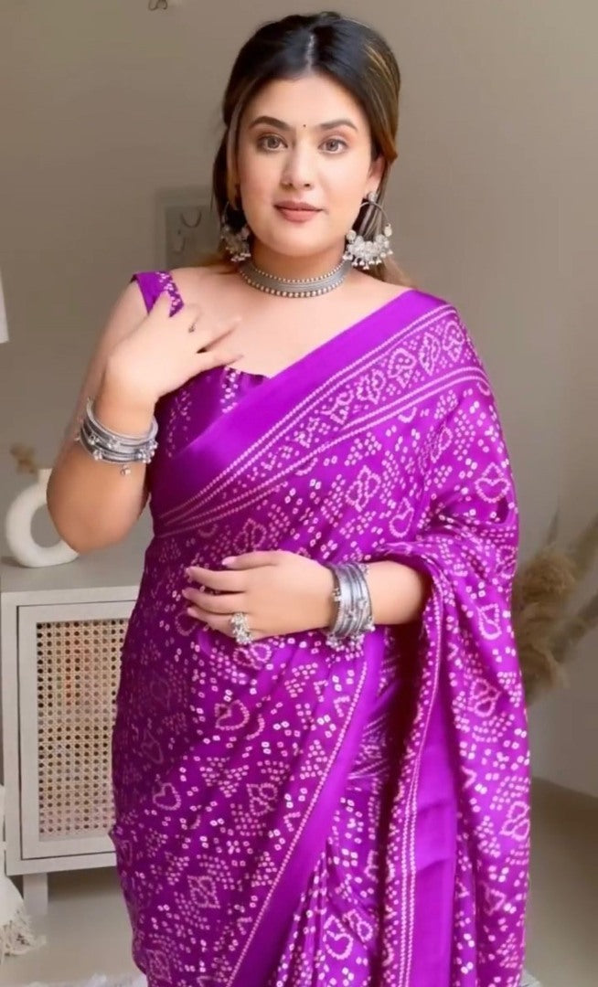 Purple chinon silk bandhani print saree