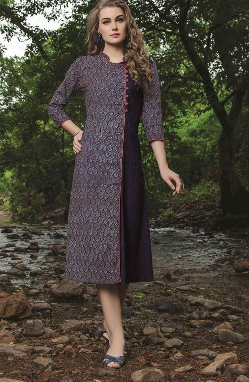 Purple Colored Cotton Printed Stitched Kurti
