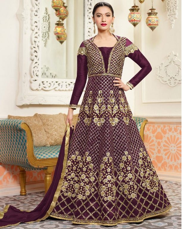 purple Colored Slub Silk with Net Digital Zari Embroidered Semi Stitched anarkali Suit