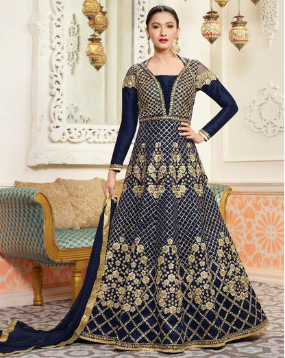 purple Colored Slub Silk with Net Digital Zari Embroidered Semi Stitched anarkali Suit