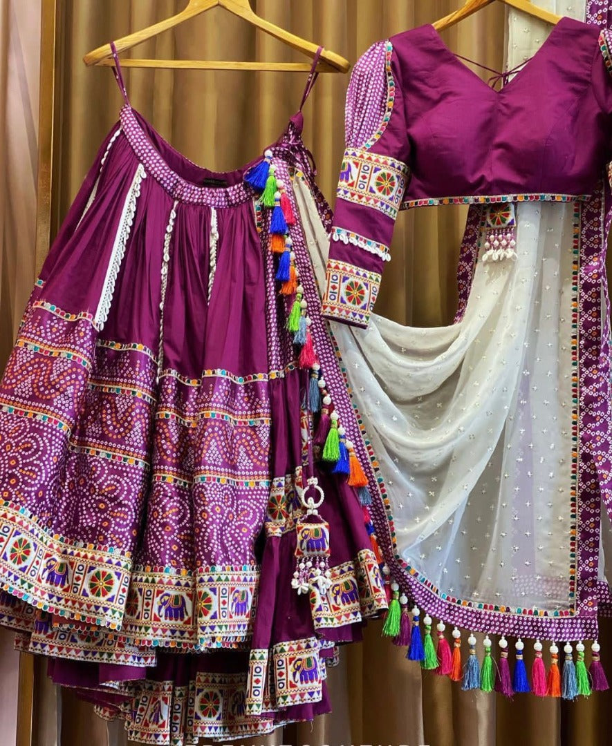 Purple cotton print and mirror handwork gujarati garba navratri lehenga chaniya choli