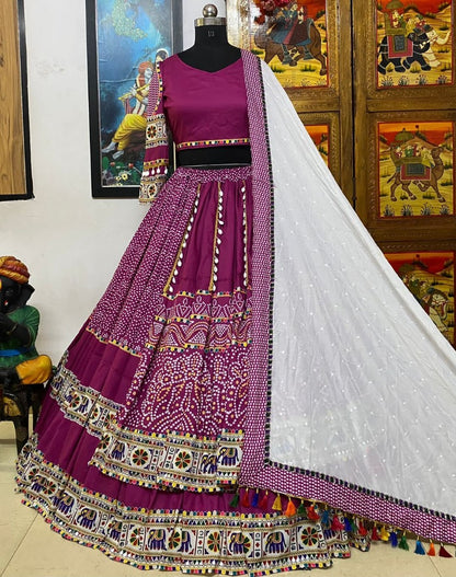 Purple cotton print and mirror handwork gujarati garba navratri lehenga chaniya choli