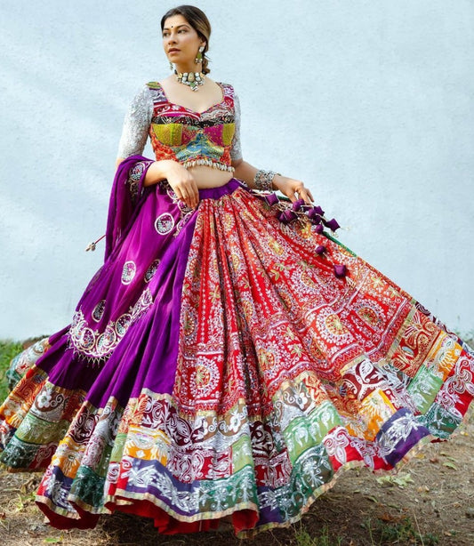 Purple cotton print and mirror work gujarati garba navratri lehenga chaniya choli