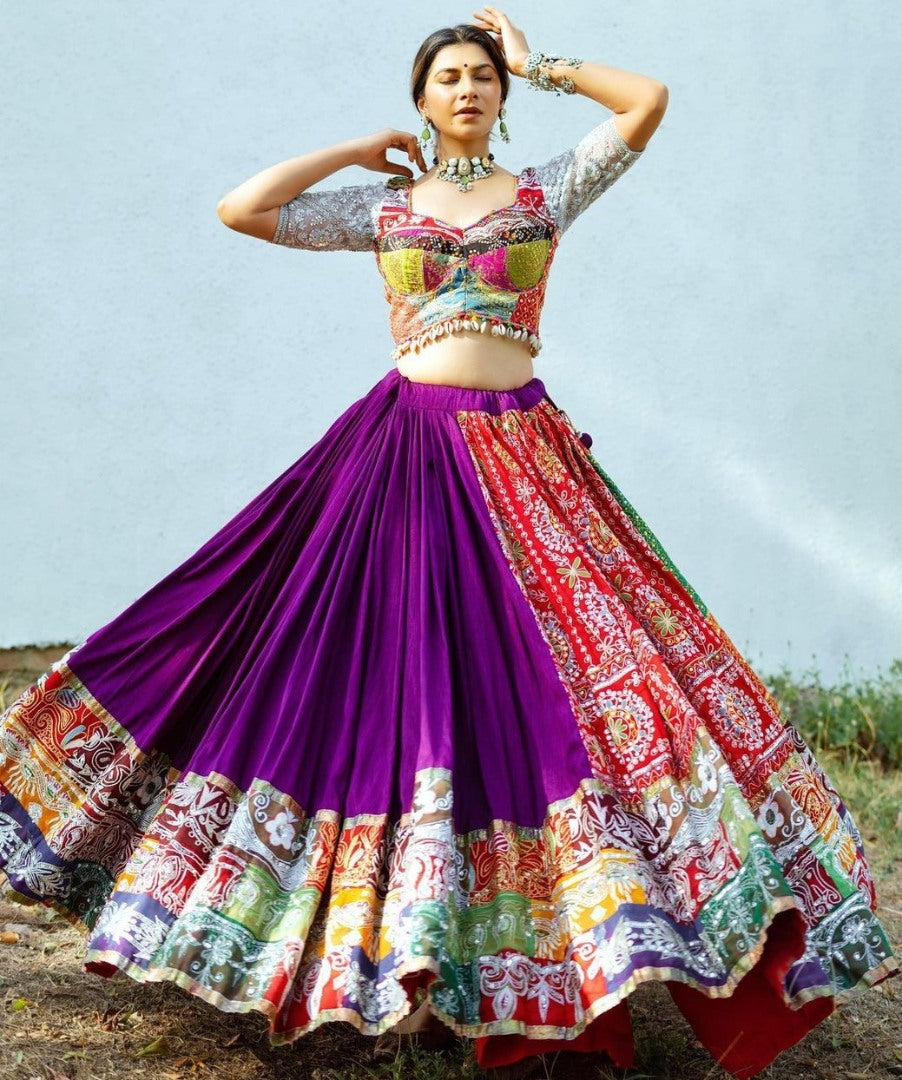 Purple cotton print and mirror work gujarati garba navratri lehenga chaniya choli