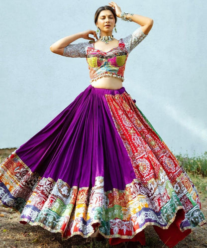 Purple cotton print and mirror work gujarati garba navratri lehenga chaniya choli