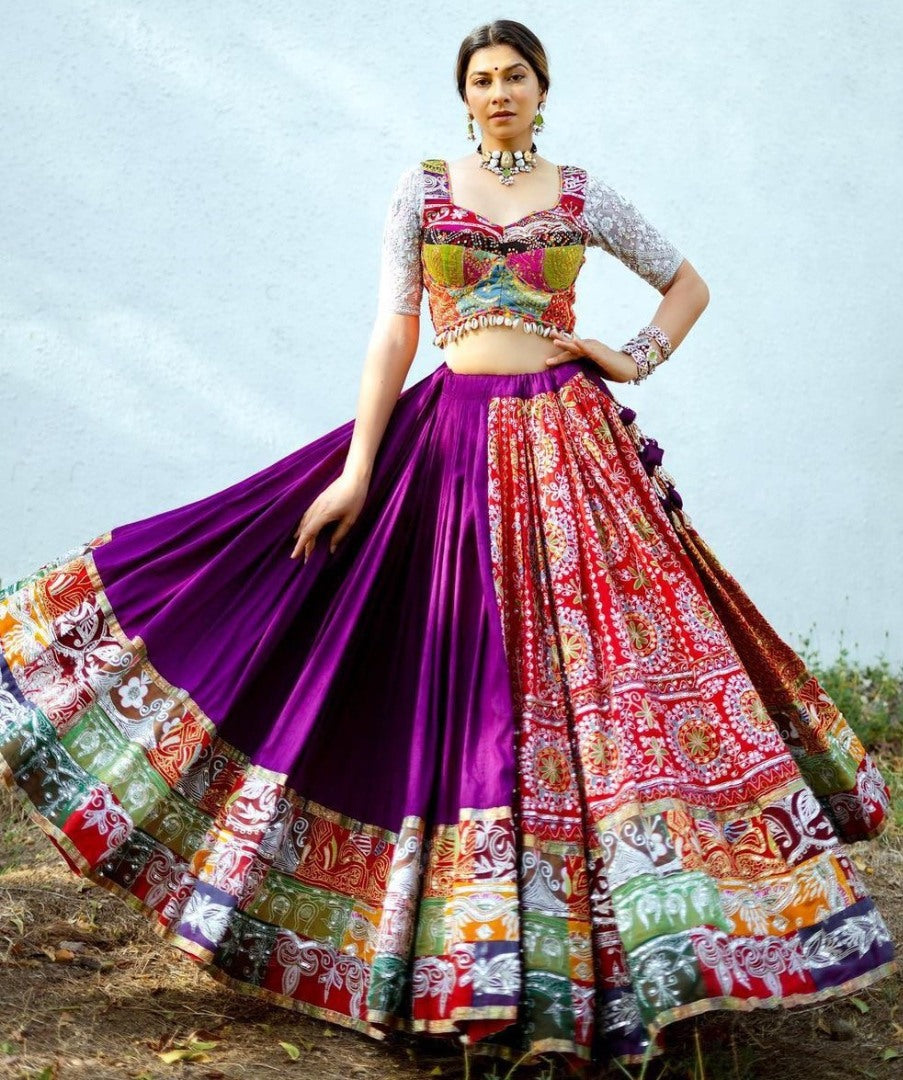 Purple cotton print and mirror work gujarati garba navratri lehenga chaniya choli