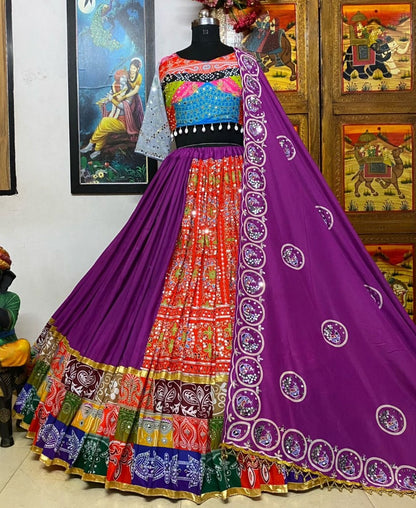 Purple cotton print and mirror work gujarati garba navratri lehenga chaniya choli