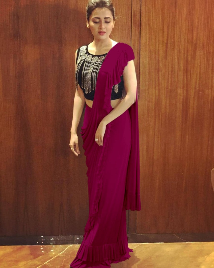Purple crepe silk designer ruffle saree with handwork blouse