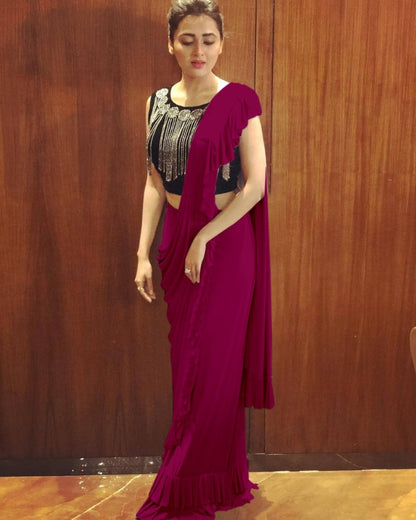 Purple crepe silk designer ruffle saree with handwork blouse