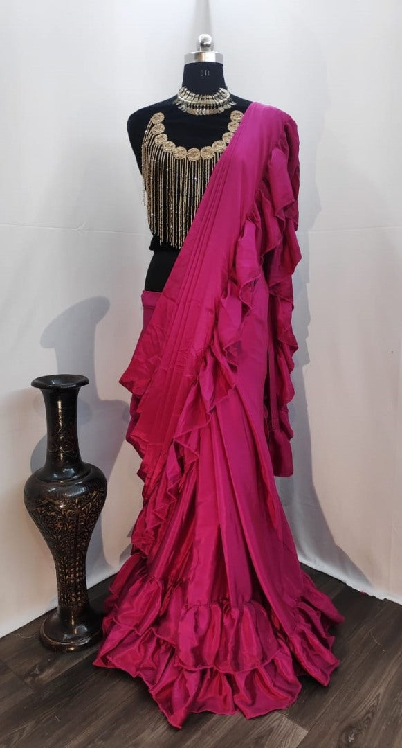 Purple crepe silk designer ruffle saree with handwork blouse