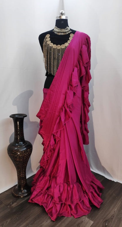 Purple crepe silk designer ruffle saree with handwork blouse