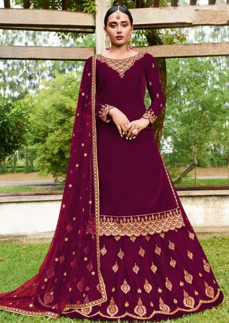 Purple faux georgette embroidered stich work lehenga suit