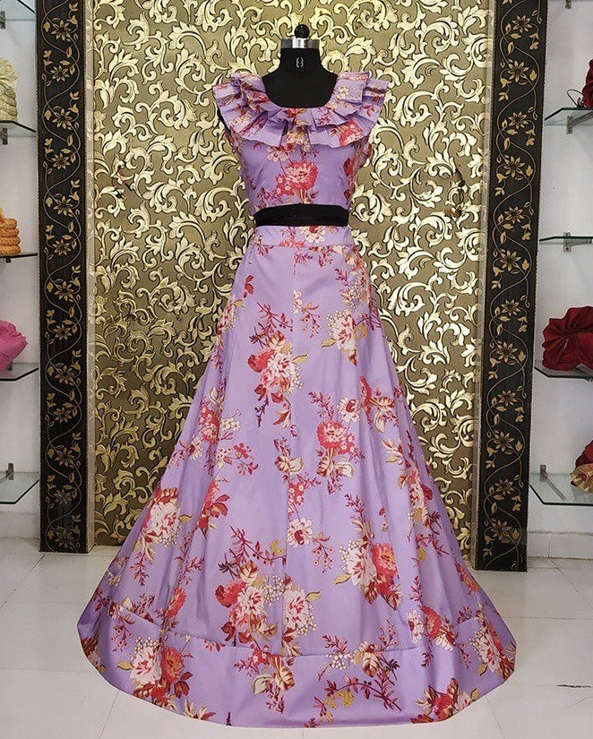 purple floral digital printed crop top lehenga