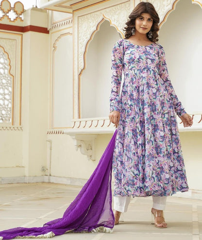 Purple floral printed casual wear anarkali suit
