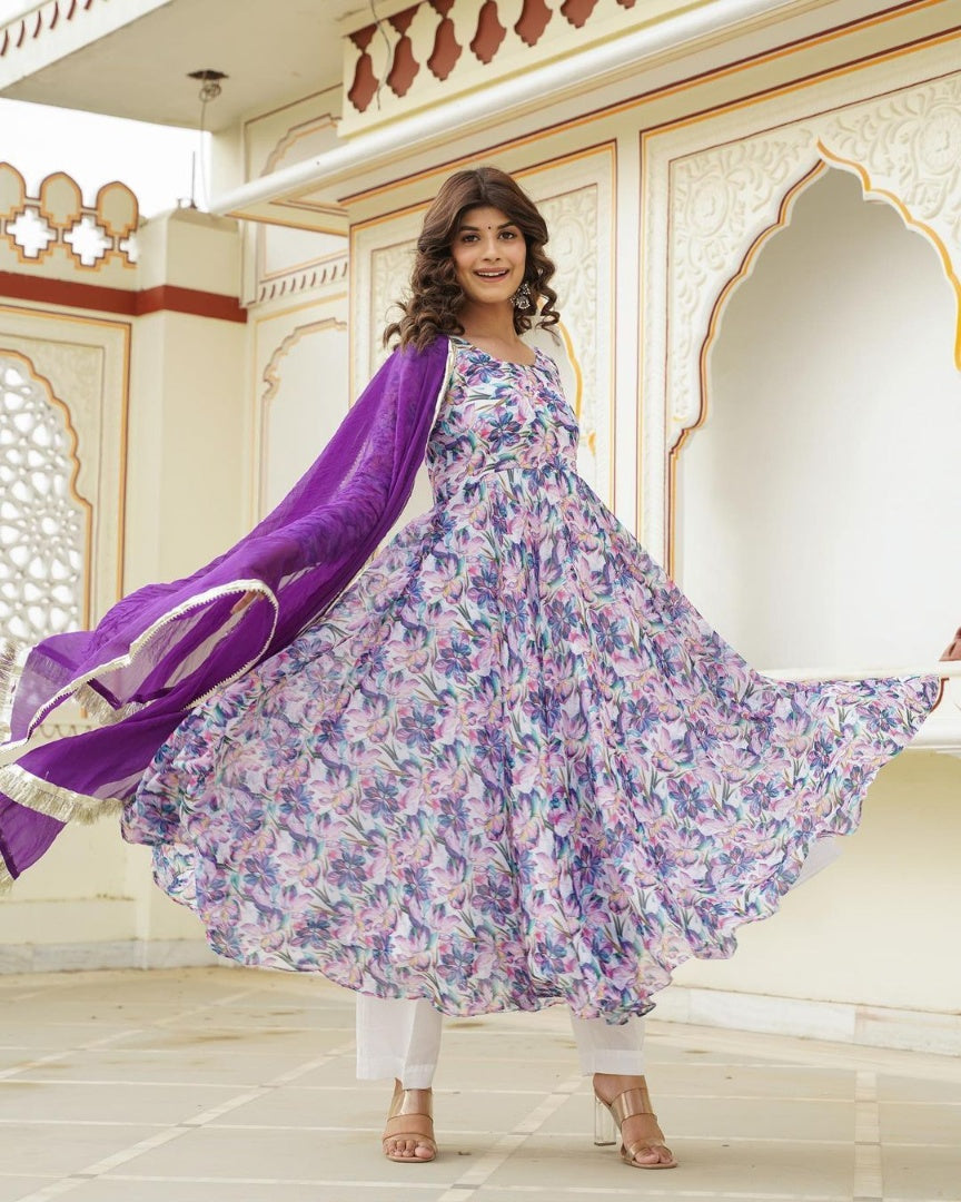 Purple floral printed casual wear anarkali suit