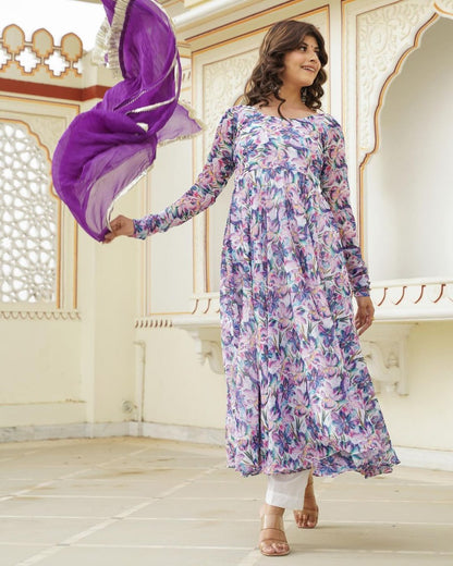 Purple floral printed casual wear anarkali suit