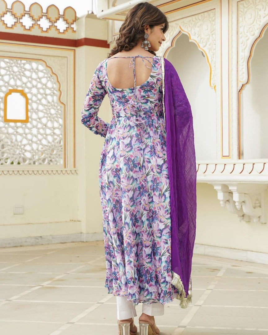 Purple floral printed casual wear anarkali suit