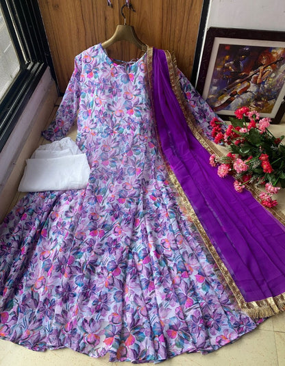 Purple floral printed casual wear anarkali suit