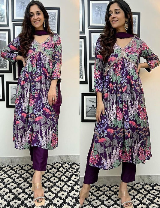 Purple floral printed handwork alia cut kurti