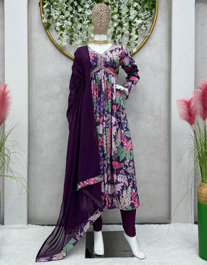 Purple floral printed handwork alia cut kurti