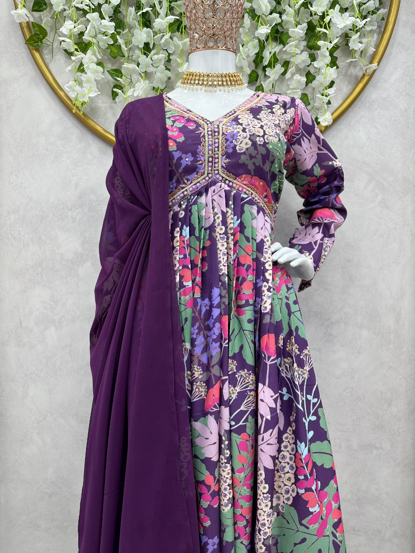 Purple floral printed handwork alia cut kurti