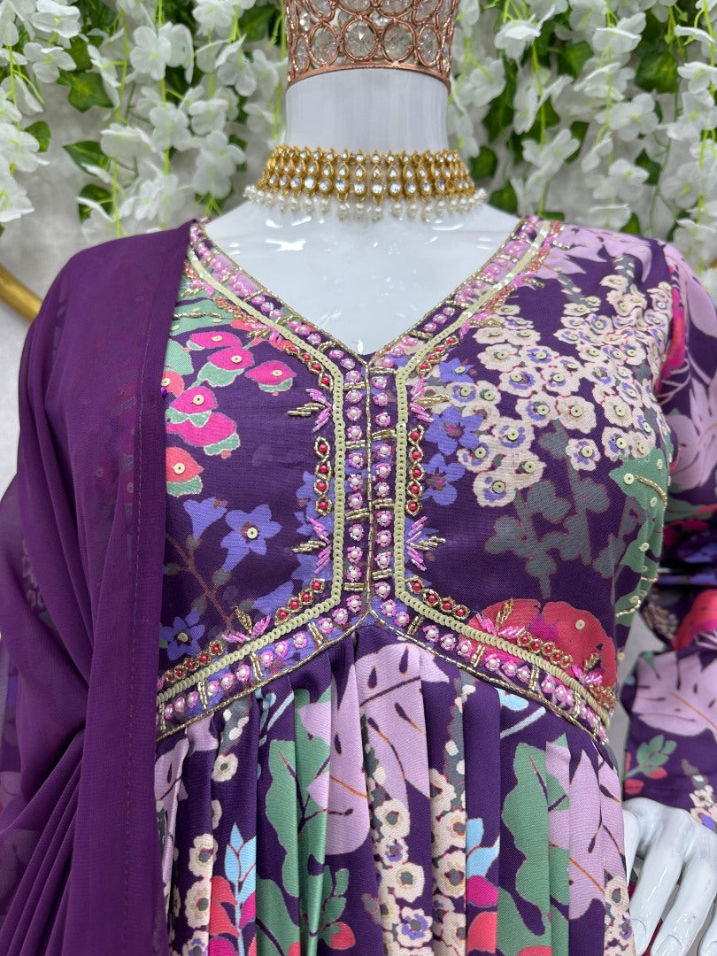 Purple floral printed handwork alia cut kurti