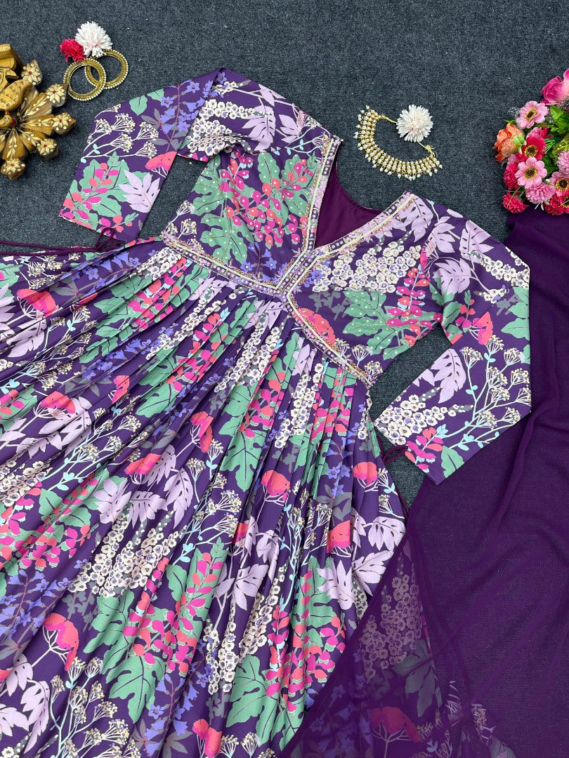 Purple floral printed handwork alia cut kurti
